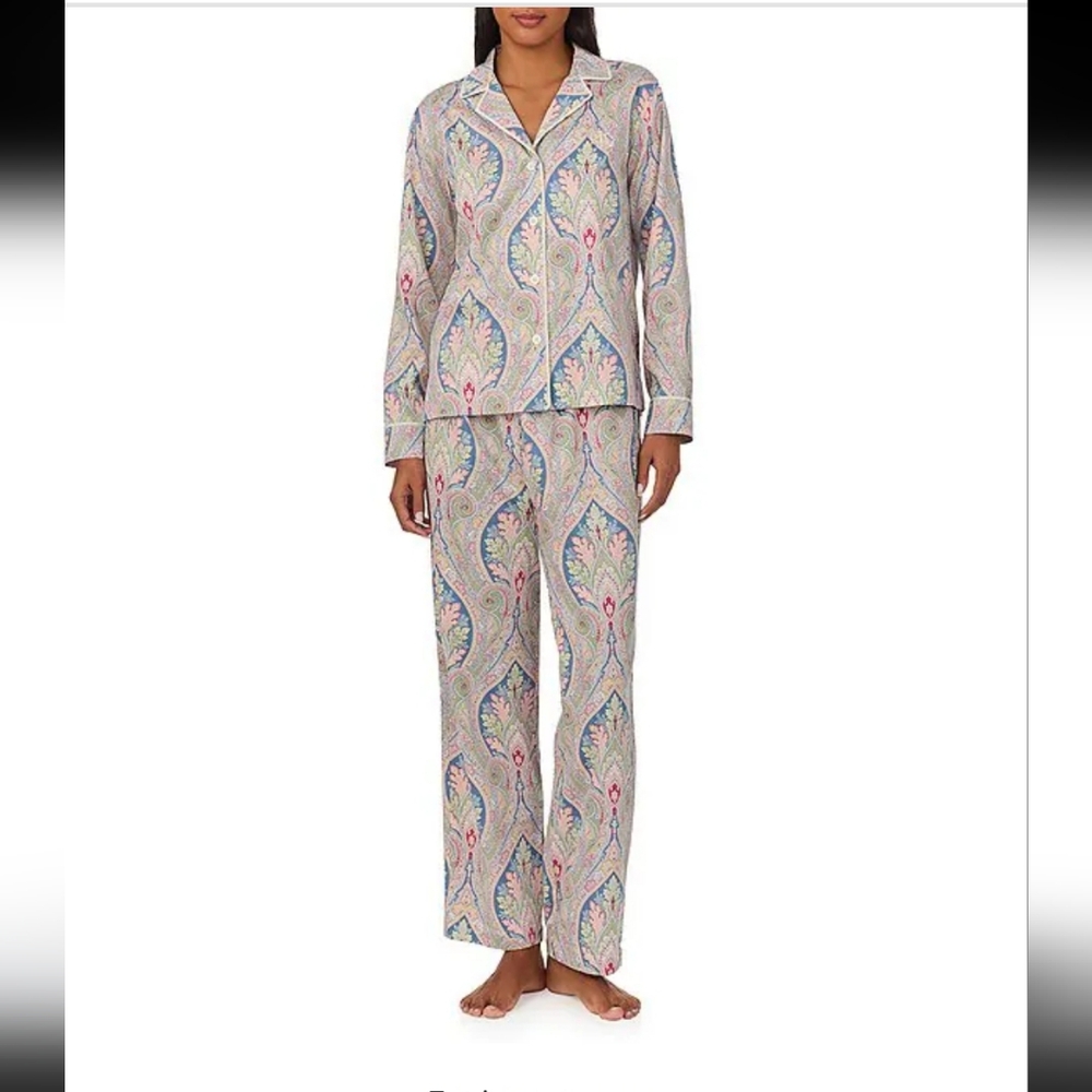 New  LAUREN  RALPH LAUREN  LONG SLEEVE  NOTCH  COLLAR  WOVEN  SATEEN  PAISLEY - Picture 2 of 11